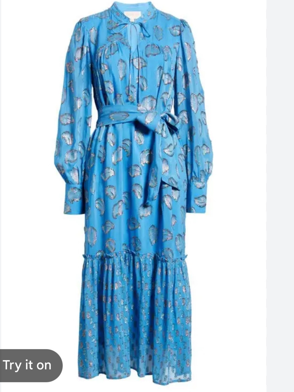 Blue Floral Long-Sleeve Maxi Dress with Waist Tie